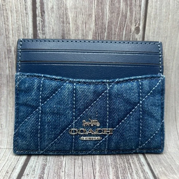 NEW COACH Denim & Leather Quilted Slim ID Card Case Compact Wallet - Picture 2 of 10